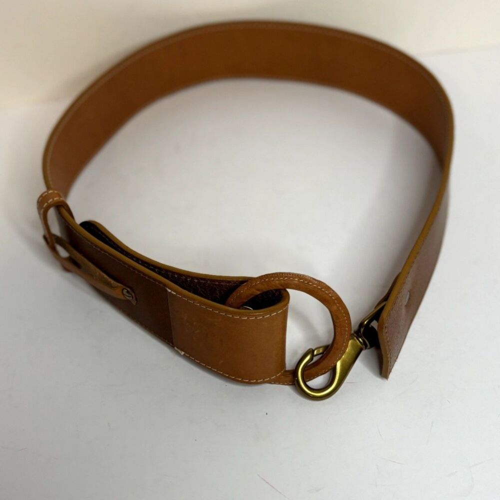 Wide Tan Leather Belt Brass Hook Closure Womens Fashion Accessory